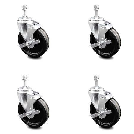 Service Caster 5 Inch Phenolic Wheel Swivel 10mm Threaded Stem Caster Set with Brake SCC SCC-TS20S514-PHR-TLB-M1015-4